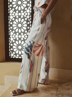 Next Pull On Wide Leg Trousers With Linen Blue/Ecru Outlet