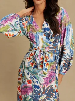Next V-Neck Tie Waist Long Sleeve Midi Dress Blue/Green Floral Print Sale