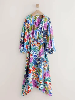 Next V-Neck Tie Waist Long Sleeve Midi Dress Blue/Green Floral Print Sale