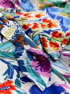 Next V-Neck Tie Waist Long Sleeve Midi Dress Blue/Green Floral Print Sale