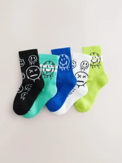 Next Blue/Green Graffiti Smile Cushioned Footbed Cotton Rich Ribbed Tipped Socks 5 Pack Discount