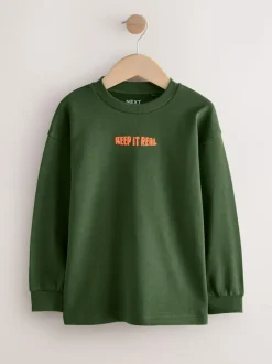 Next Relaxed Fit Long Sleeve Heavyweight T-Shirts 3 Pack (3-16yrs) Blue/Green Graphic Clearance