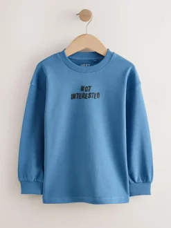 Next Relaxed Fit Long Sleeve Heavyweight T-Shirts 3 Pack (3-16yrs) Blue/Green Graphic Clearance