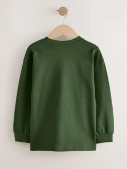 Next Relaxed Fit Long Sleeve Heavyweight T-Shirts 3 Pack (3-16yrs) Blue/Green Graphic Clearance
