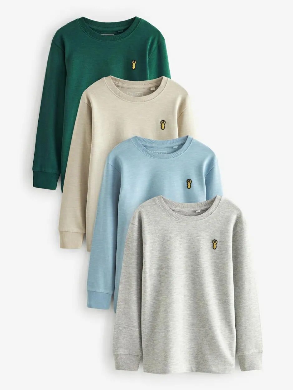 Next Stag Logo Long Sleeve Cosy T-Shirts 4 Pack (3-16yrs) Blue/Green/Grey/Stone Best