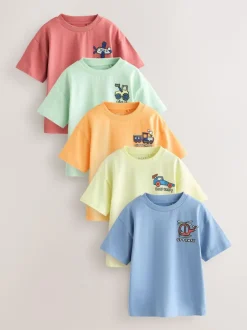Next Small Short Sleeve Graphic T-Shirts 5 Pack (3mths-7yrs) Blue/Green/Red/Orange/Yellow Cars Hot