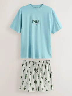 Next Blue/Grey Terry Urban Short Sleeve Jersey Pyjamas Set Hot