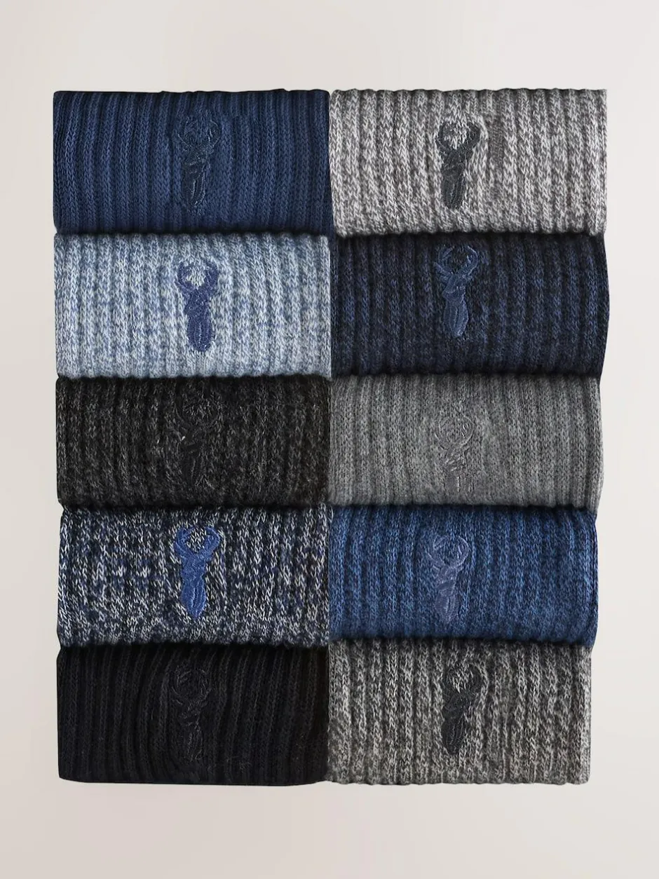 Next Stag Embroidered Heavyweight Socks 10 Pack Blue/Grey Twisted New