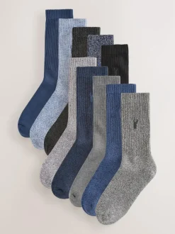 Next Stag Embroidered Heavyweight Socks 10 Pack Blue/Grey Twisted New