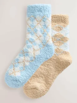 Next Cosy Ankle Socks 2 Pack Blue/Neutral Argyle New