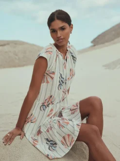 Next V-Neck Tiered Mini Dress with Linen Blue/Pink Shell Print Outlet