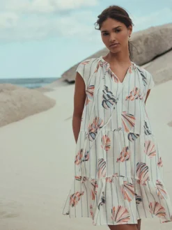 Next V-Neck Tiered Mini Dress with Linen Blue/Pink Shell Print Outlet