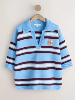Next Open Collar Polo Half Sleeve Jumper With Wool Blue/Red Stripe Discount