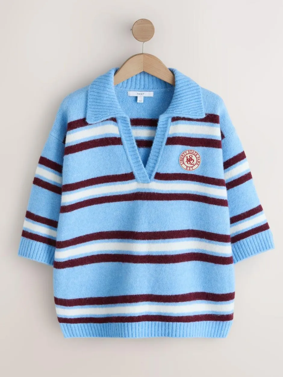 Next Open Collar Polo Half Sleeve Jumper With Wool Blue/Red Stripe Discount