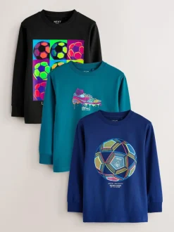 Next Blue/Teal/Black Football Relaxed Fit Graphic Print Long Sleeve T-Shirts 3 Pack (3-16yrs) Hot