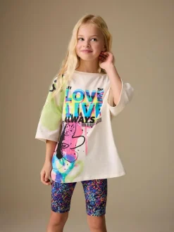 Next T-Shirt and Cycle Shorts Set (3-16yrs) Blue/White Graffiti Clearance