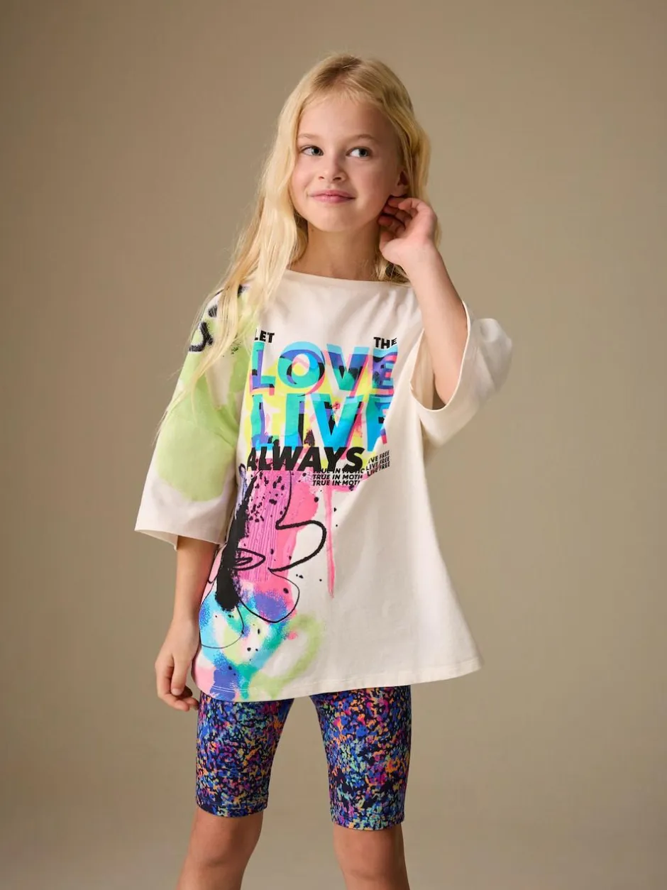 Next T-Shirt and Cycle Shorts Set (3-16yrs) Blue/White Graffiti Clearance