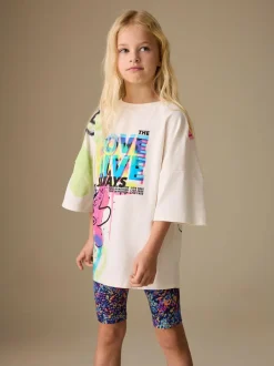 Next T-Shirt and Cycle Shorts Set (3-16yrs) Blue/White Graffiti Clearance