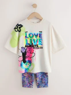 Next T-Shirt and Cycle Shorts Set (3-16yrs) Blue/White Graffiti Clearance