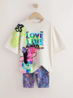Next T-Shirt and Cycle Shorts Set (3-16yrs) Blue/White Graffiti Clearance