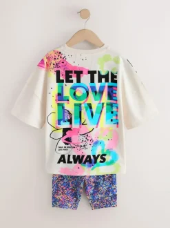 Next T-Shirt and Cycle Shorts Set (3-16yrs) Blue/White Graffiti Clearance