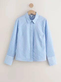 Next Blue/White Stripe Fitted Stretch Essential Long Sleeve Shirt Clearance
