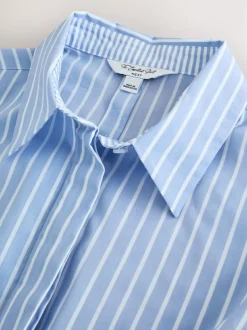 Next Blue/White Stripe Fitted Stretch Essential Long Sleeve Shirt Clearance