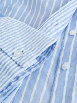 Next Blue/White Stripe Fitted Stretch Essential Long Sleeve Shirt Clearance