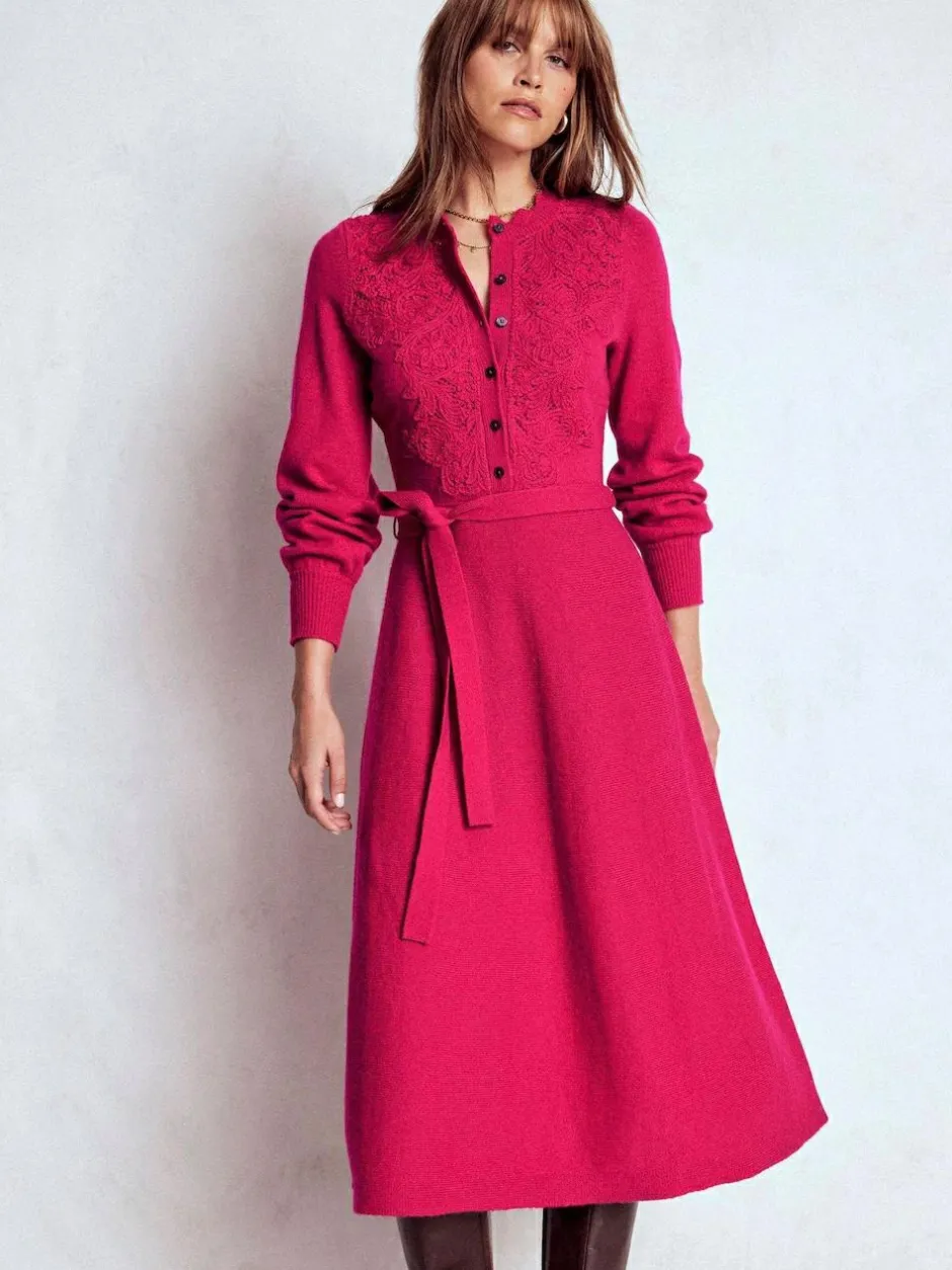 Boden Pink Lace Insert Knitted Midi Dress New