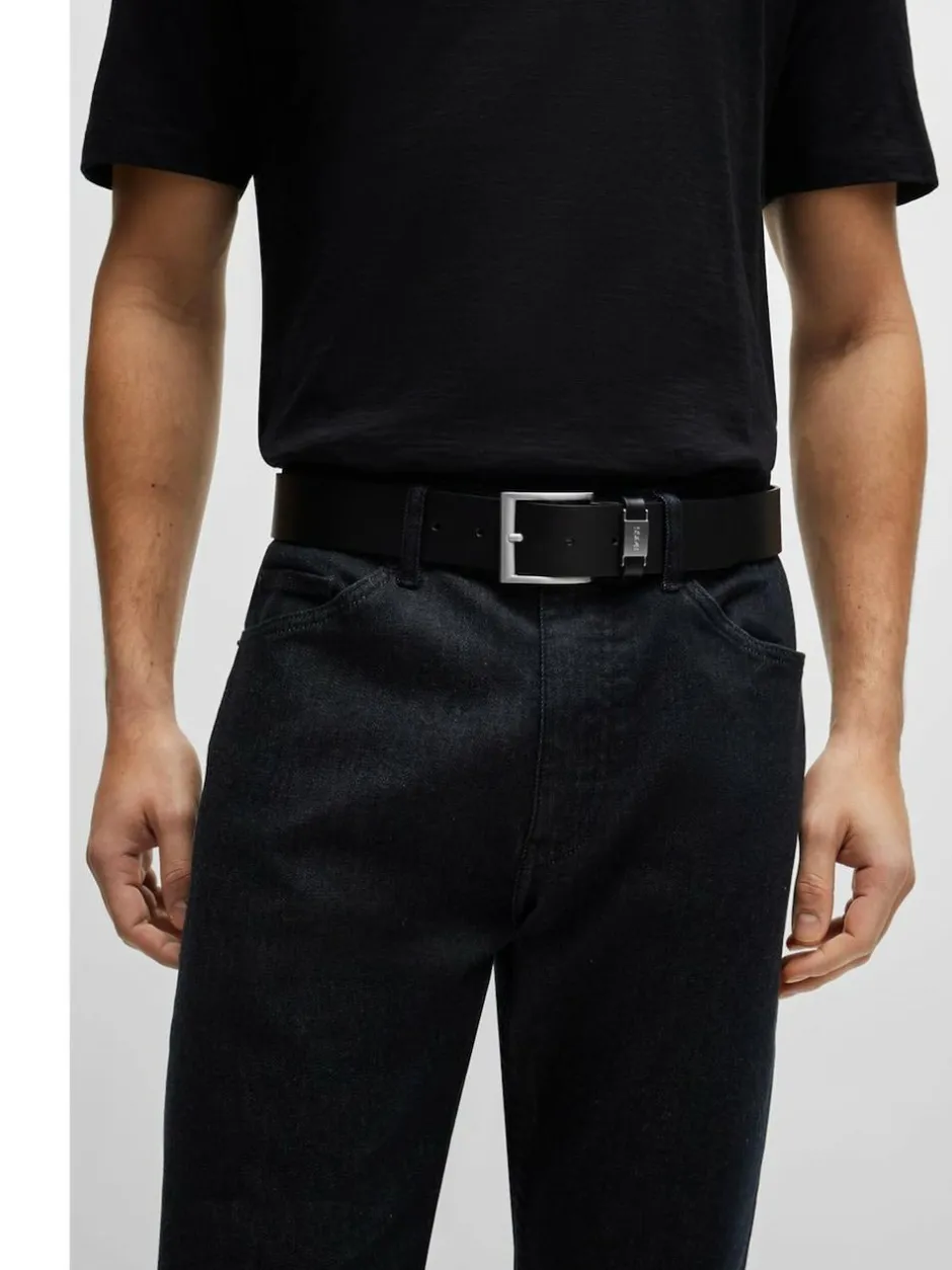 BOSS Brushed Metal Leather Belt Black New