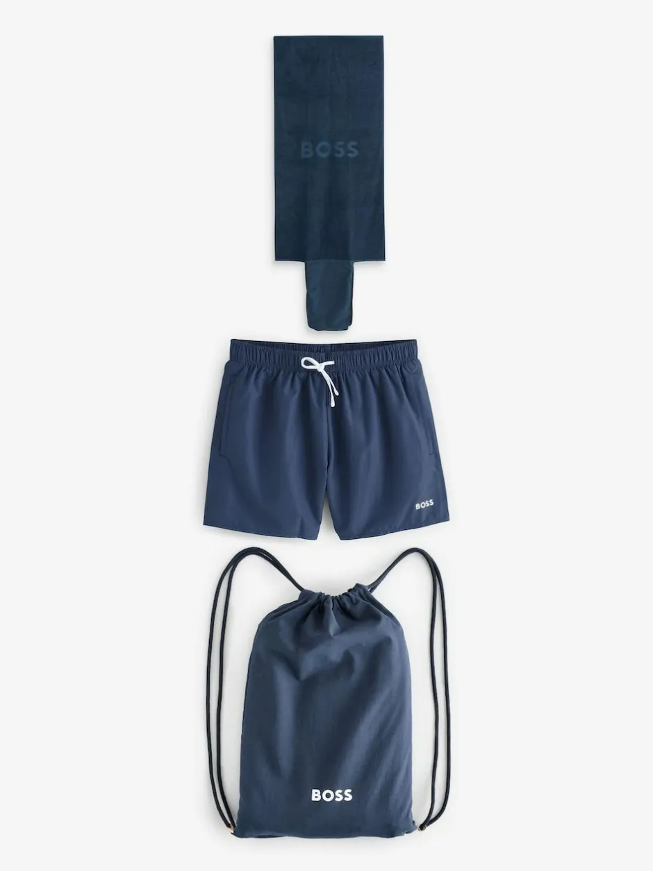 BOSS Navy Swim Shorts, Bag, Towel Beach Gift Set Best