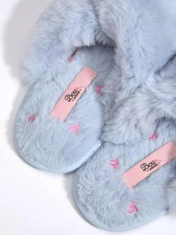 Boux Avenue Bow Embroidered Cross Band Slider Slippers Blue Hot
