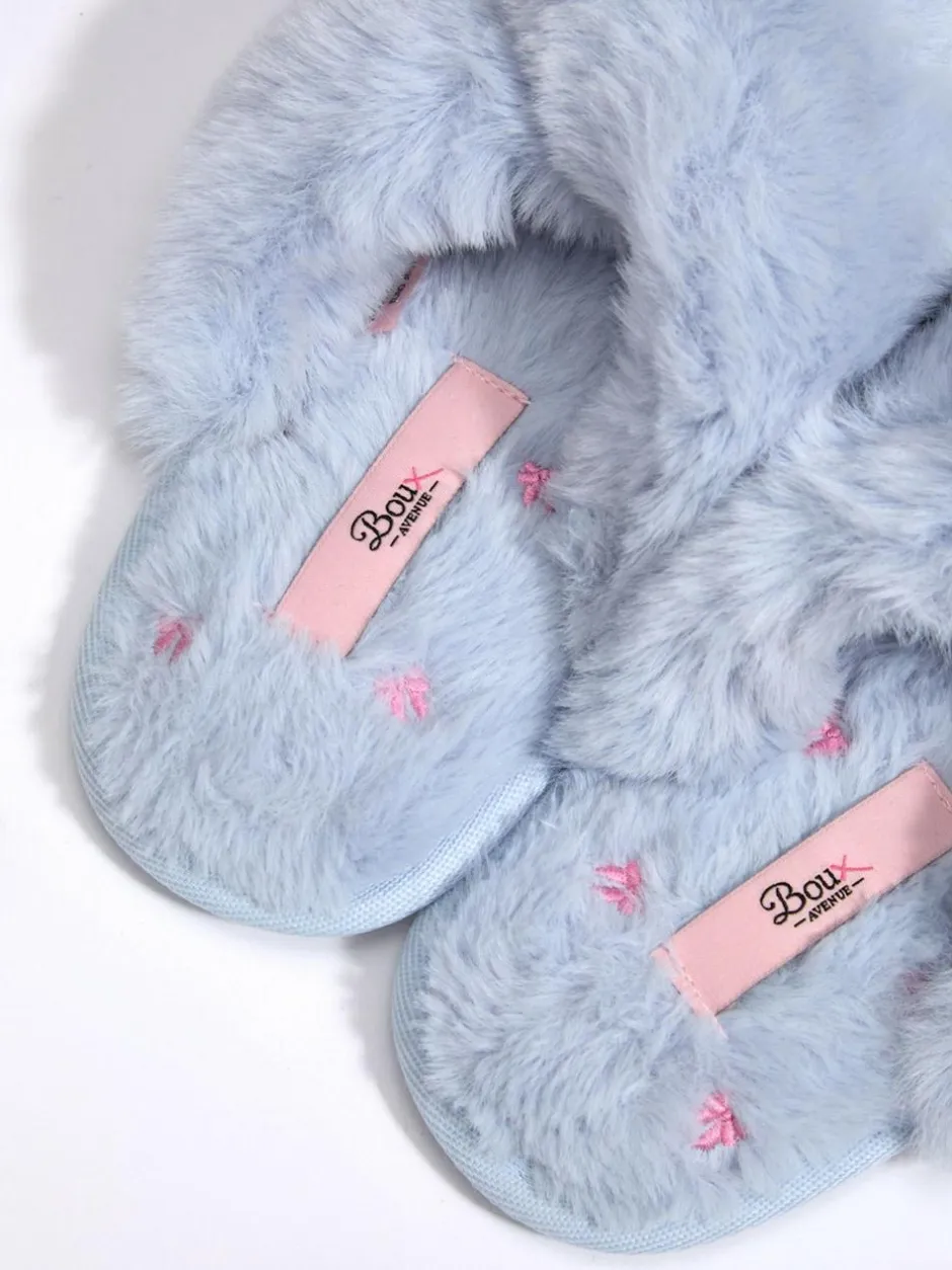 Boux Avenue Bow Embroidered Cross Band Slider Slippers Blue Hot