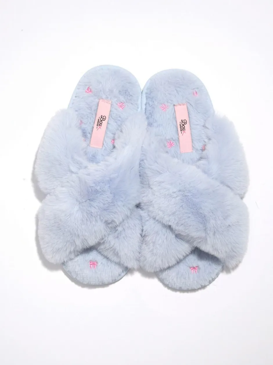 Boux Avenue Bow Embroidered Cross Band Slider Slippers Blue Hot
