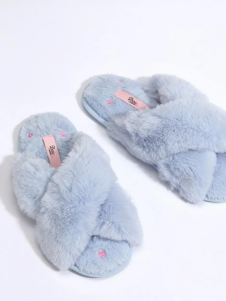 Boux Avenue Bow Embroidered Cross Band Slider Slippers Blue Hot