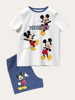 Brand Threads White & Blue Mickey Mouse 100% Cotton Top and Short Set Online