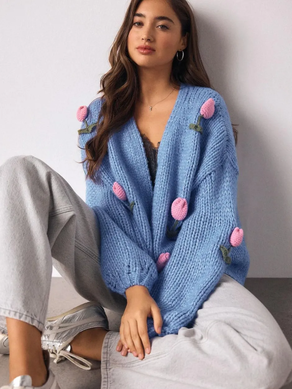 Next Bright Blue 3D Tulip Soft Touch Chunky Knit Cardigan Hot