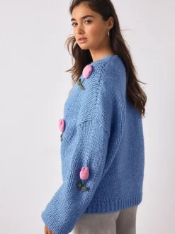 Next Bright Blue 3D Tulip Soft Touch Chunky Knit Cardigan Hot