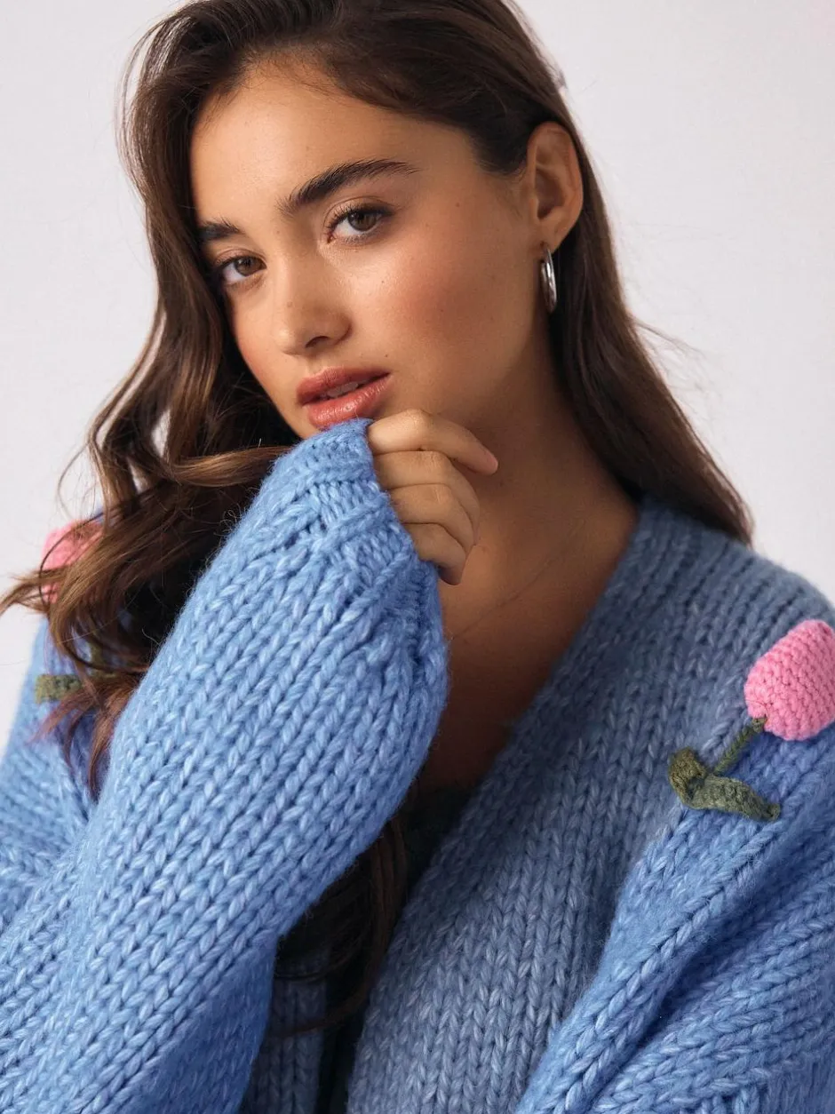 Next Bright Blue 3D Tulip Soft Touch Chunky Knit Cardigan Hot