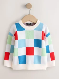 Next Bright Checkerboard Knitted Crew Neck Jumper (3mths-7yrs) New