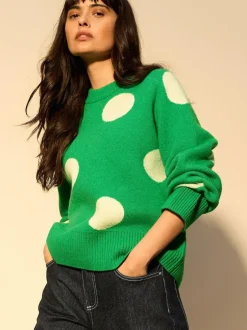 Next Bright Green Spot Crew Neck Knitted Jumper with Wool Online