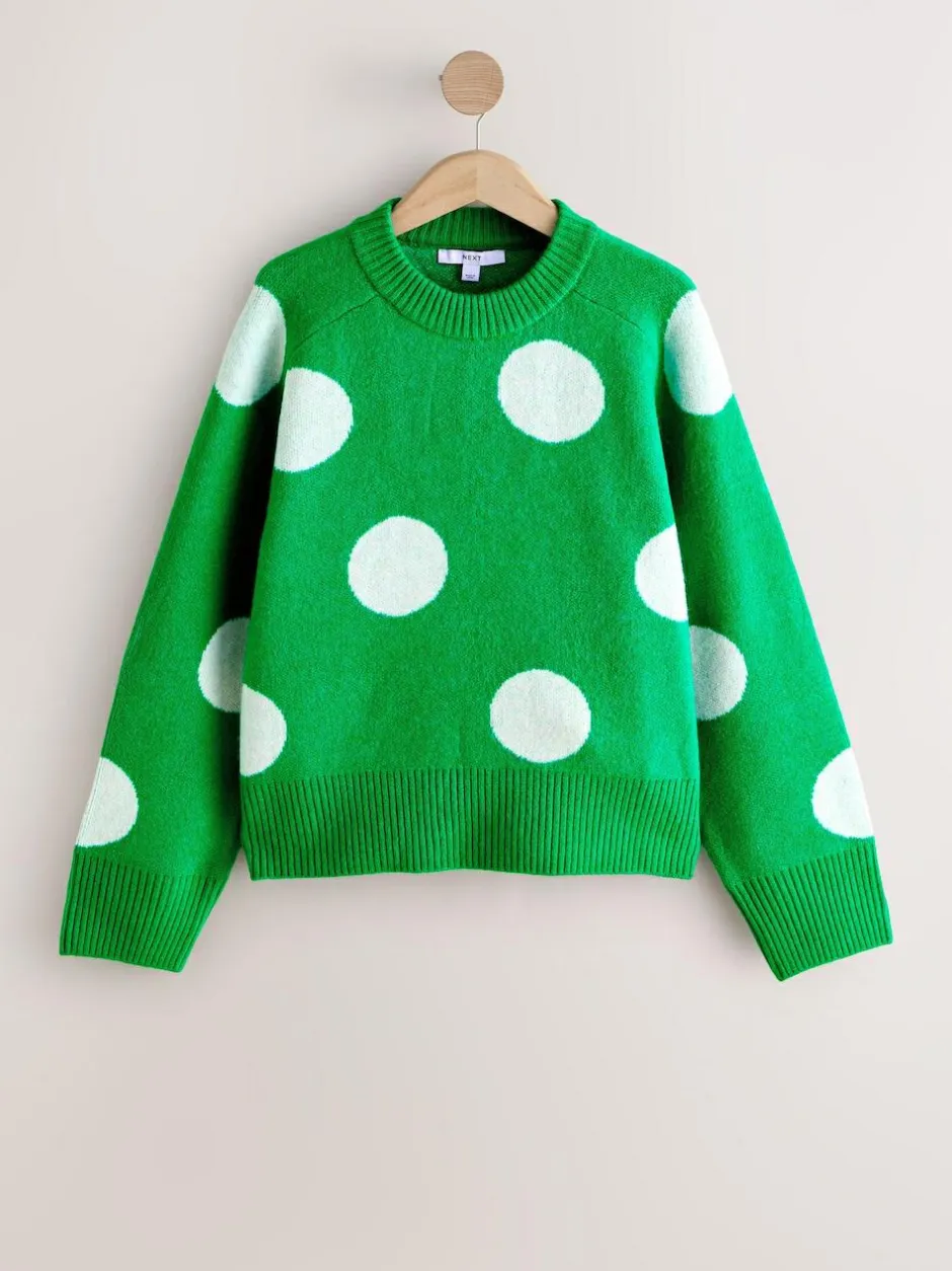 Next Bright Green Spot Crew Neck Knitted Jumper with Wool Online