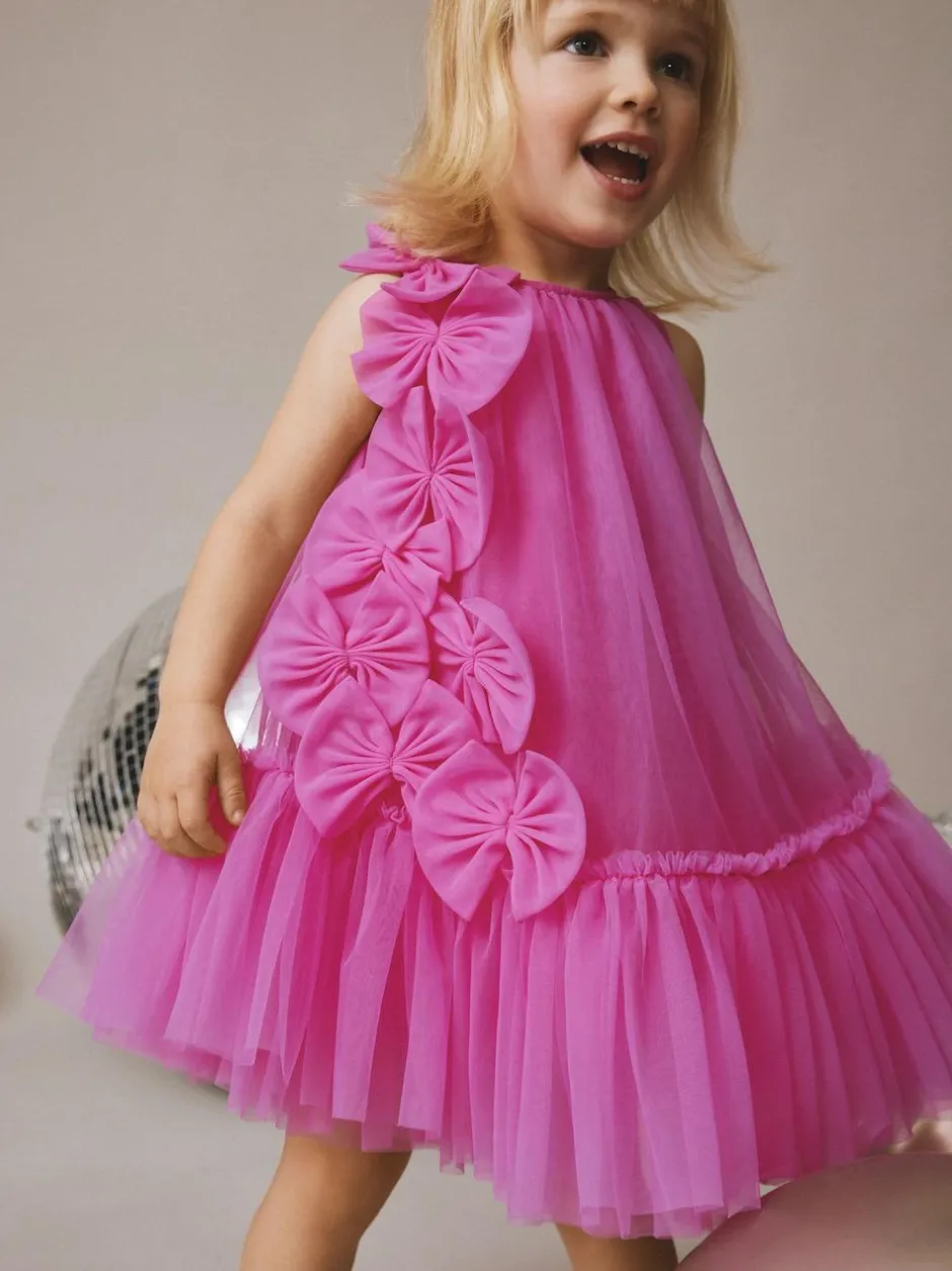 Next Bright Pink Bows Sleeveless Mesh Dress (3mths-7yrs) Outlet