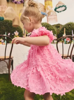 Next Short Sleeve 3D Flowers Dress (3mths-8yrs) Bright Pink New