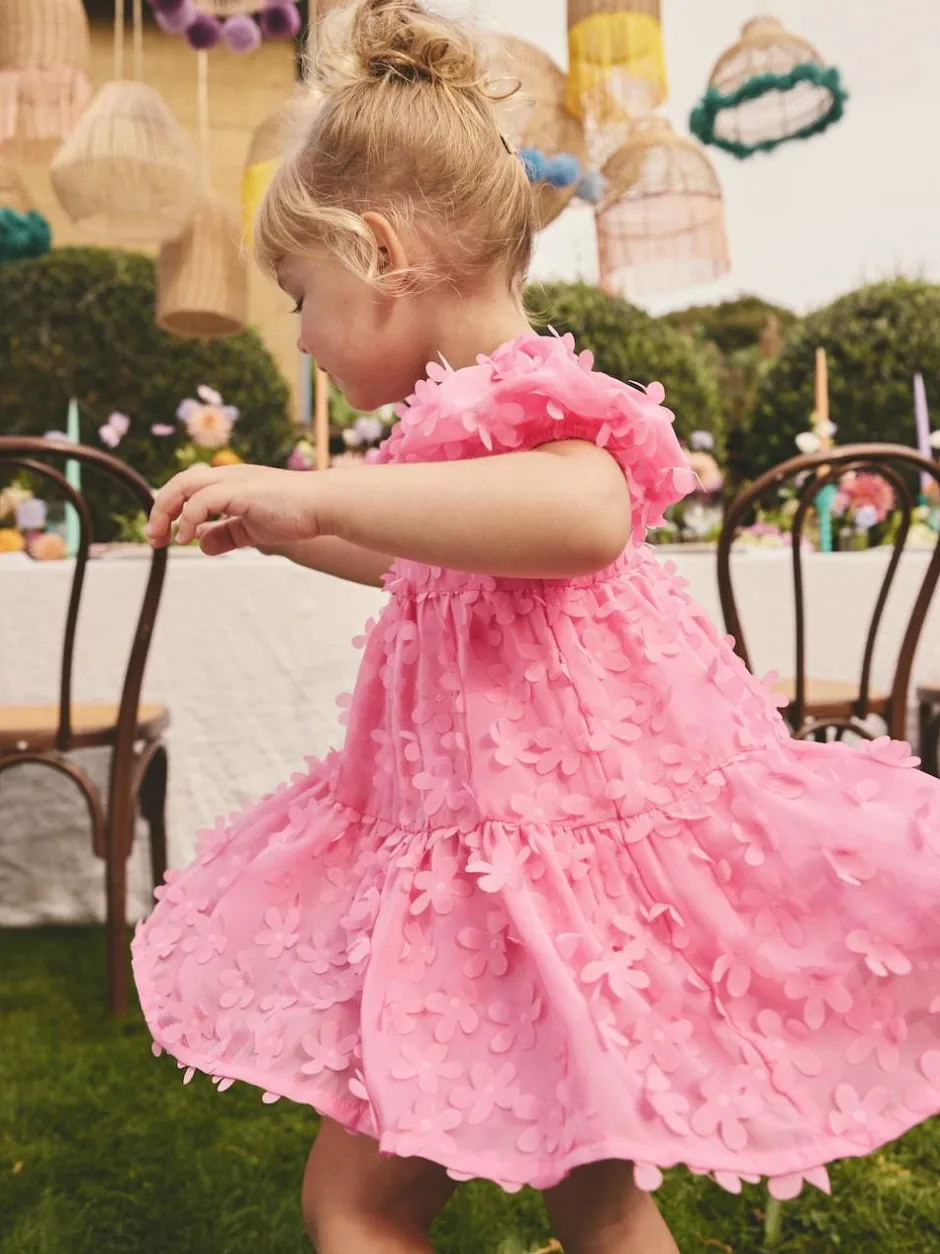 Next Short Sleeve 3D Flowers Dress (3mths-8yrs) Bright Pink New