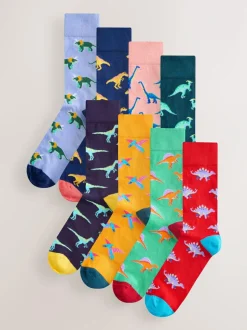 Next Bright Red/Blue/Orange Dinosaur Pattern Socks 8 Pack Clearance