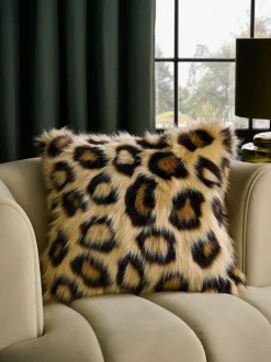 Next Brown 50 x 50cm Long Leopard Print Faux Fur Cushion Discount