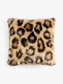 Next Brown 50 x 50cm Long Leopard Print Faux Fur Cushion Discount