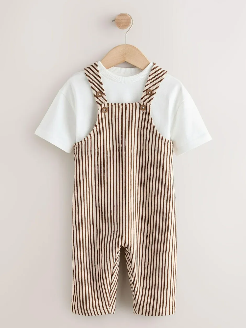 Next Brown and Off White Stripe Dungarees and T-Shirt Set (3mths-7yrs) Best