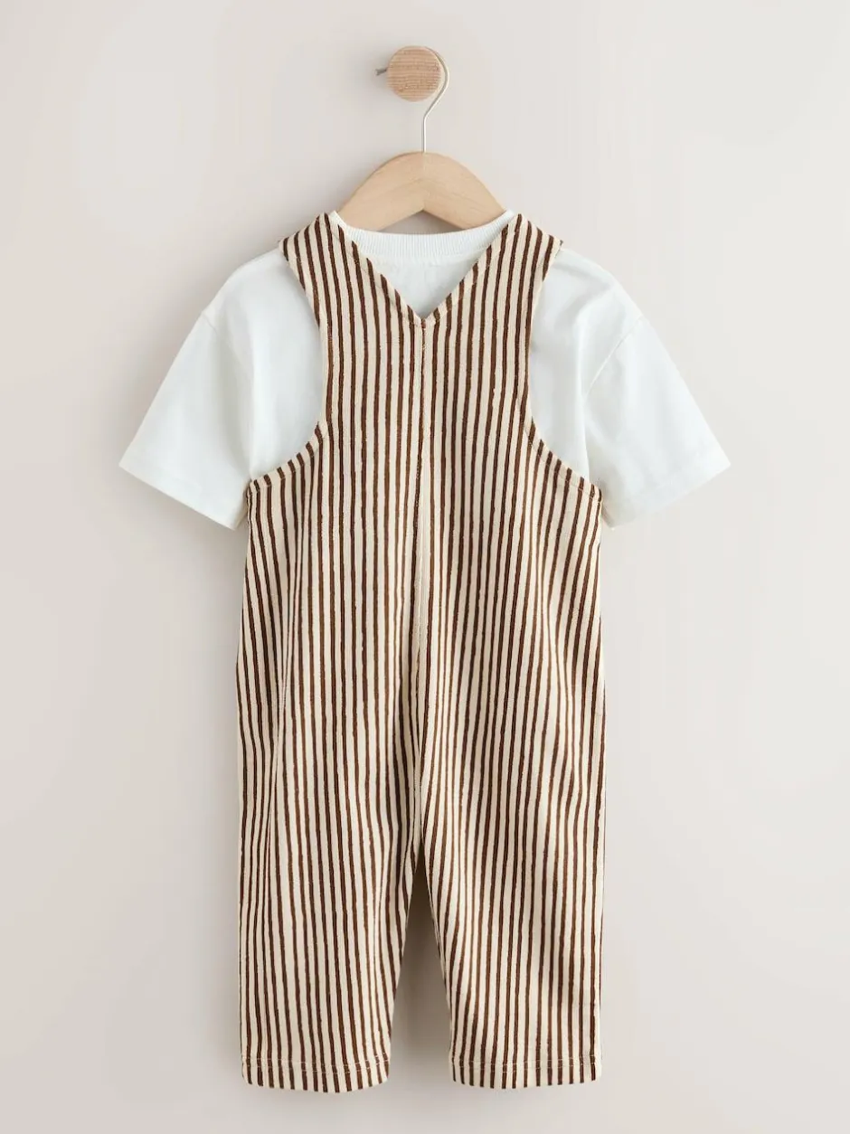 Next Brown and Off White Stripe Dungarees and T-Shirt Set (3mths-7yrs) Best